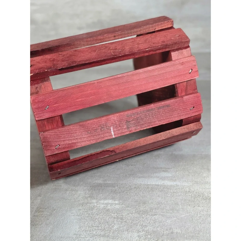 VTG hand-painted Red Wooden apple shaped basket carry handle Cottagecore Rustic